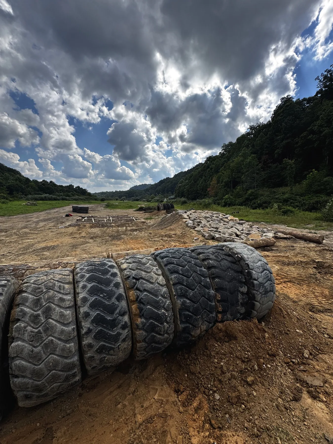 Earthmover tires part-buried on the Super Test course 